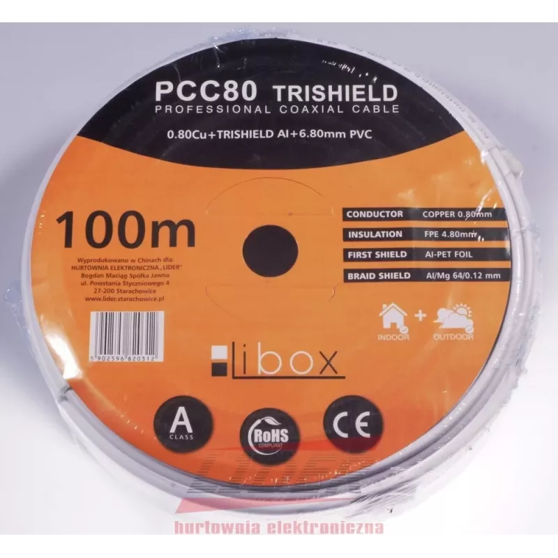 Kabel koncentryczny LIBOX PCC80 RG-6/U 100 m, płaszcz FEP, przewodnik miedziany 0,8 mm, ekran aluminiowy, biały