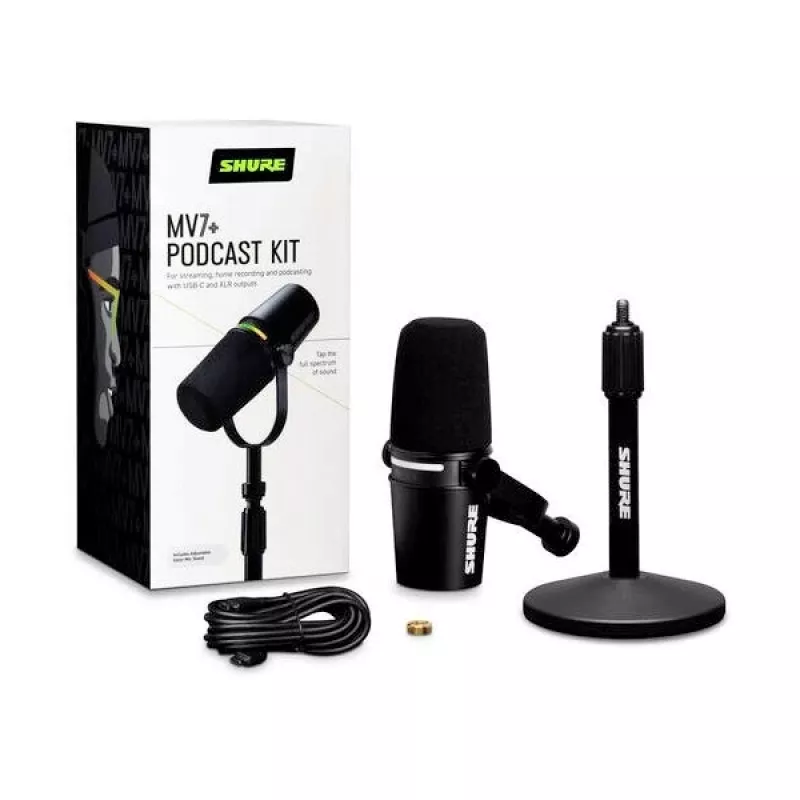 Shure MV7+-K-BNDL – mikrofon krasomówczy/wokalowy ze złączem XLR/USB-C, czarny + statyw biurkowy GATOR
