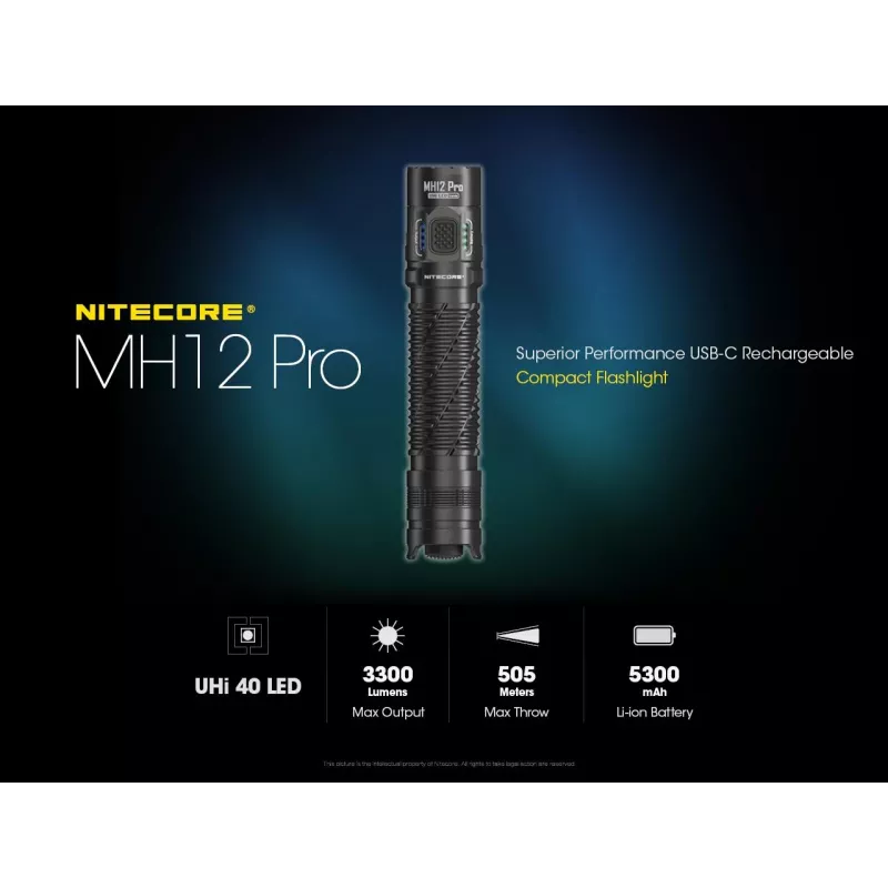 Latarka ręczna Nitecore MH12 Pro Czarna LED 3300 lm USB-ładowalna 5300 mAh, aluminium, 138,5 mm, 81,5 g, wodoodporna 2 m