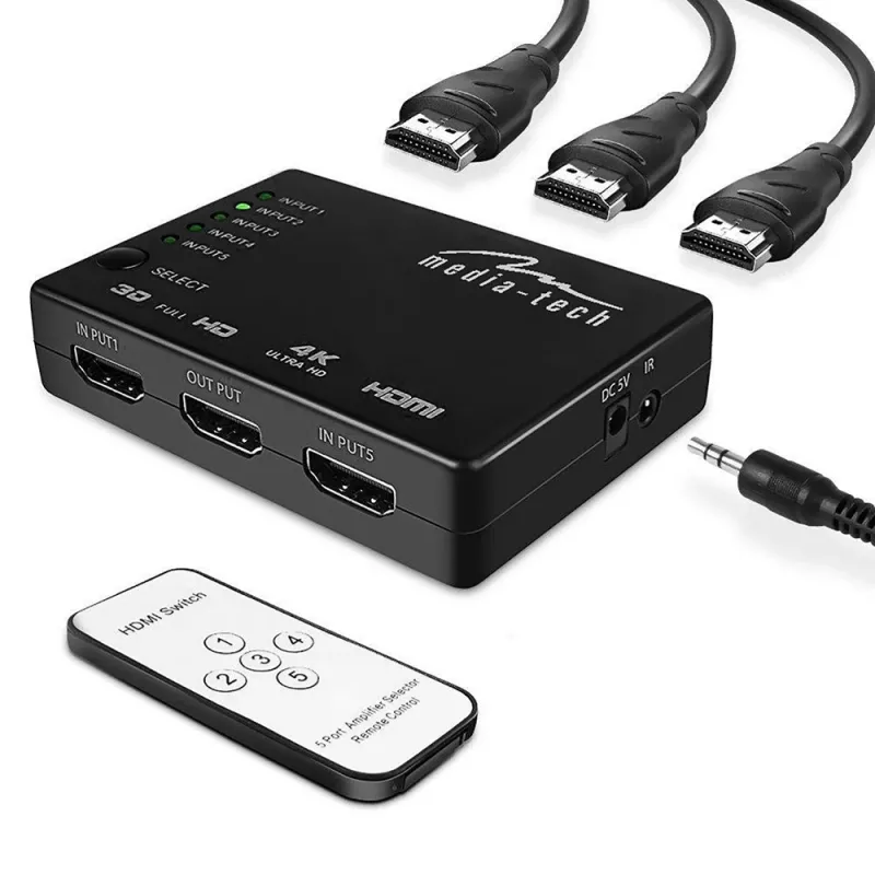 Przełącznik HDMI video MEDIA-TECH MT5207, 5 wejść HDMI, 1 wyjście HDMI, czarny
