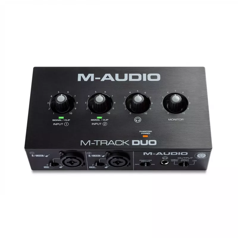 Interfejs audio M-Audio M-Track Duo — USB 2 we/2 wy, 16-bit/48 kHz, 1x combo XLR/TS, 1x wejście instrumentalne, phantom 48V
