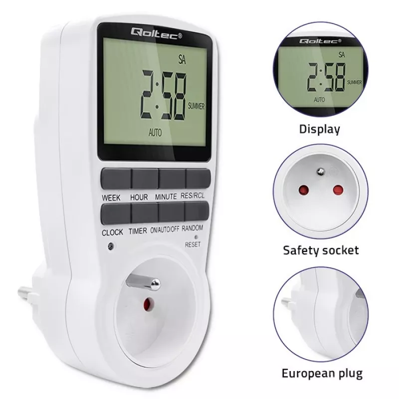 Elektroniczny timer QOLTEC PC0628 z wyświetlaczem LCD, odliczanie 24-godzinne