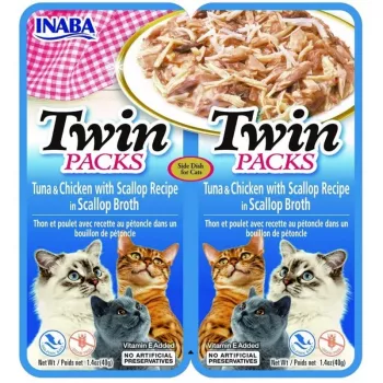 Mokry przysmak dla kota INABA Twin Tuna z kurczakiem i przegrzebkami w bulionie 2x40 g saszetka, smak rybny, wilgotność 86,5%
