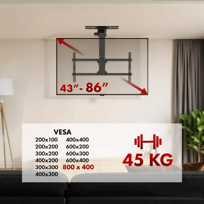 Uchwyt sufitowy do telewizora MACLEAN MC-109 T VESA 800x400 dla ekranów 43–86 cali, maks. obciążenie 45 kg