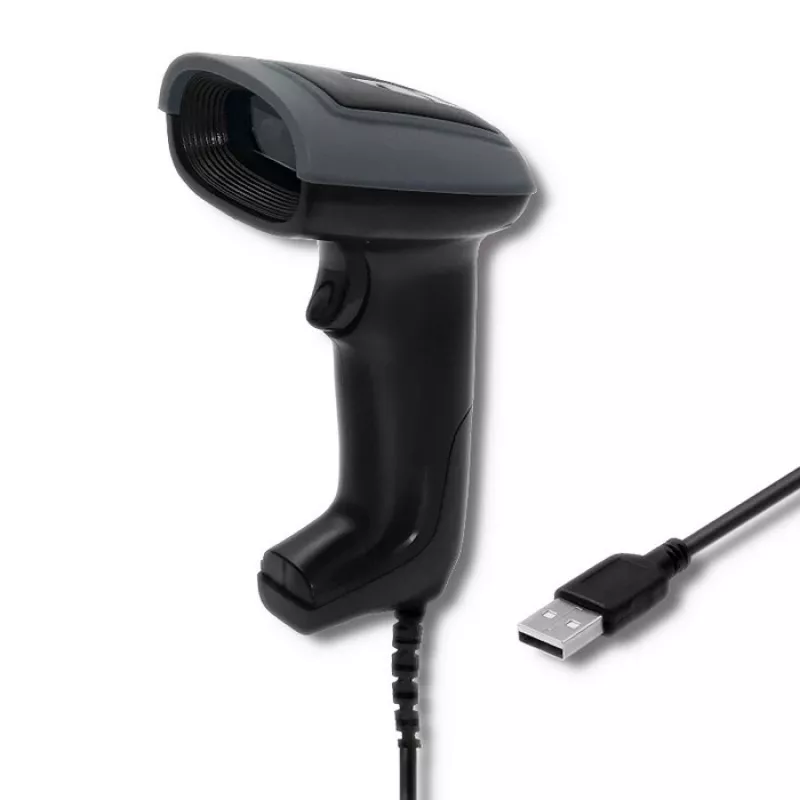 Ręczny czytnik kodów kreskowych QOLTEC 50863 — skaner 1D/2D, przewodowy USB, sensor LED, czarny, 5V, kabel 1,8 m