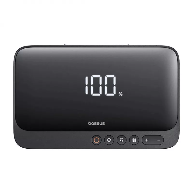 Ładowarka przenośna Baseus Super Energy 6000 mAh — rozruch awaryjny, LiPo 6000 mAh, 300 A prąd rozruchowy, 150 PSI, wbudowany wyświetlacz i latarka, USB-C + USB-A, czarna