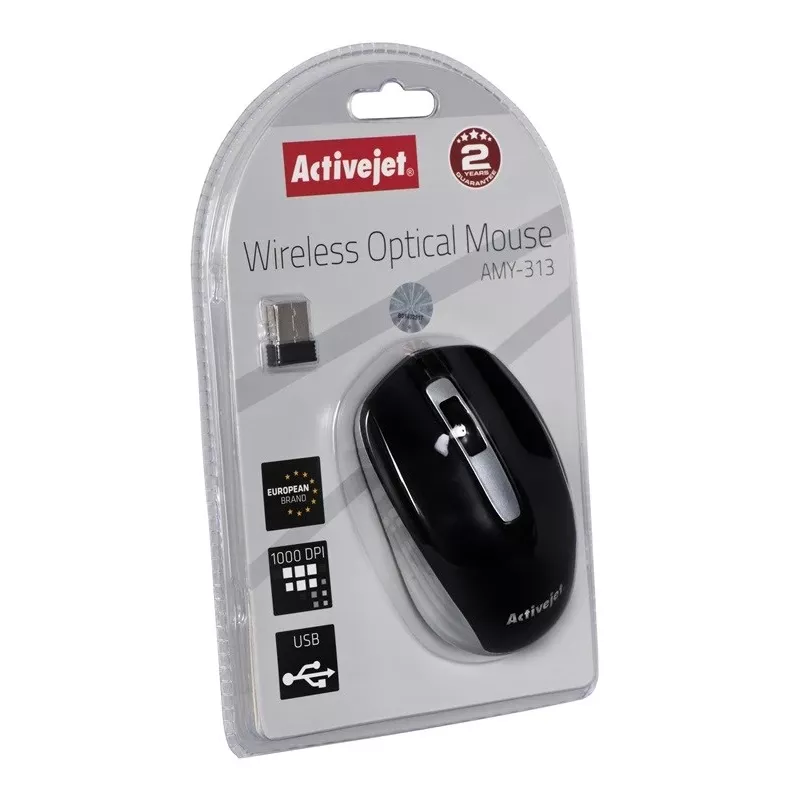 Mysz bezprzewodowa ActiveJet AMY-313, nanoodbiornik RF, optyczna 1200 DPI, oburęczna, 3 przyciski, bateria AA
