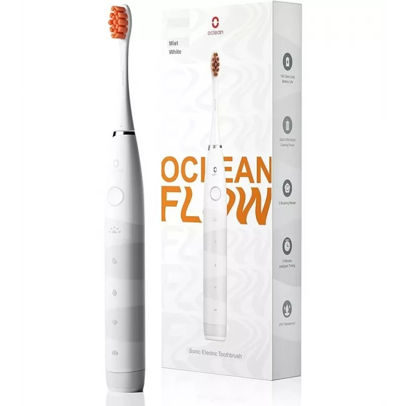 Sonic toothbrush OCLEAN FLOW Adult — bateria-powered, whitening mode, integrated timer, adjustable speed, 255 mm height, biały, 0.13 kg, 1 handle + 1 brush head