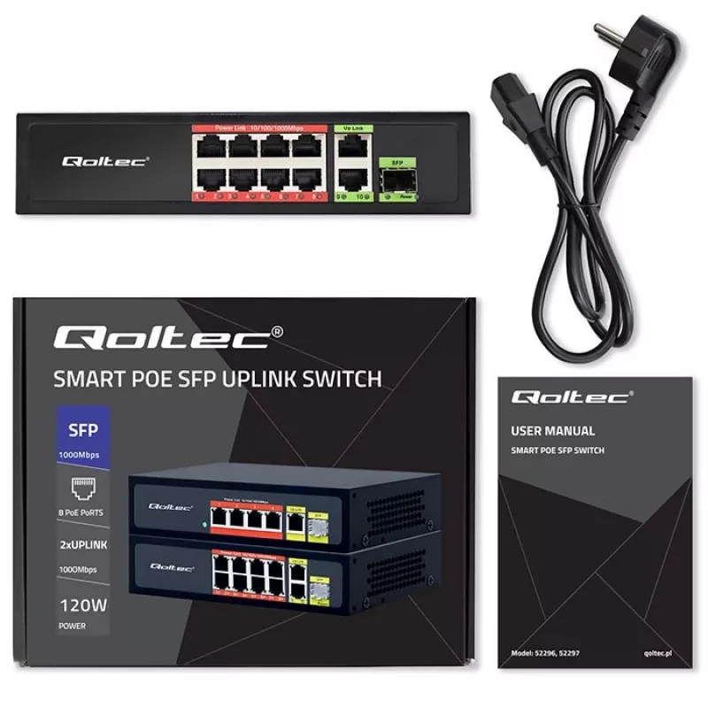 Przełącznik Ethernet QOLTEC 52297 PoE RJ45 z łączem uplink PoE i portem SFP