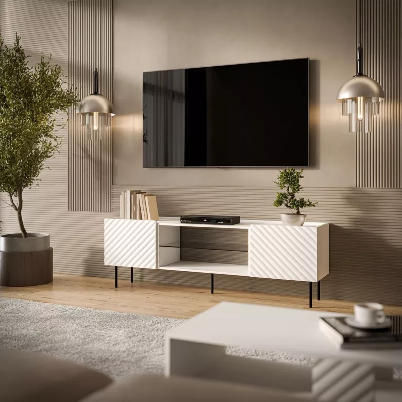 Szafka RTV cama meble LUCCA 180x40x59 cm — blat biały z płyty wiórowej, korpus biały