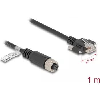 Kabel sieciowy DeLOCK M12, kodowanie A, 8-pinowe gniazdo żeńskie na wtyk RJ45, Cat5e, 1 m, czarny
