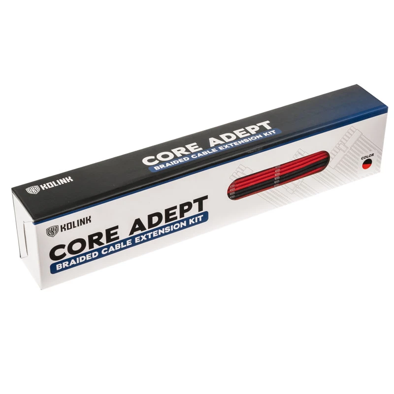Zestaw przedłużaczy w oplocie Kolink Core Adept – 20+4pin, 8pin, 4+4pin, 3×6+2pin; długości 300–350 mm; płaszcz PET; przewody miedziane