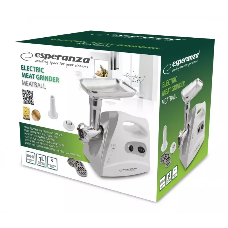 Elektryczna maszynka do mielenia mięsa ESPERANZA EKM012E 600 W, szara, 2,6 kg, rewers, nakładka do kiełbas, nakładka do kebbe