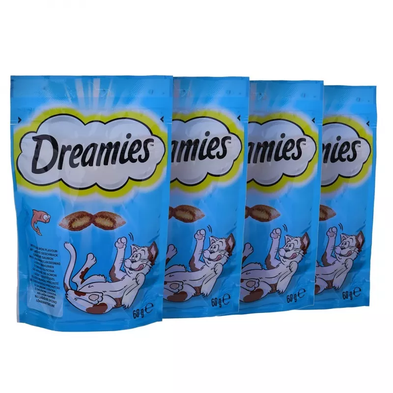 Przysmaki dla kota Dreamies ser, kurczak, łosoś zestaw 12×60 g — mięsne stałe przekąski, białko 31%, tłuszcz 21%