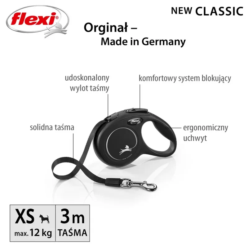 Smycz automatyczna Flexi New Classic Cat XS 3 m — linka dla małych zwierząt, czarna, maks. obciążenie 8 kg