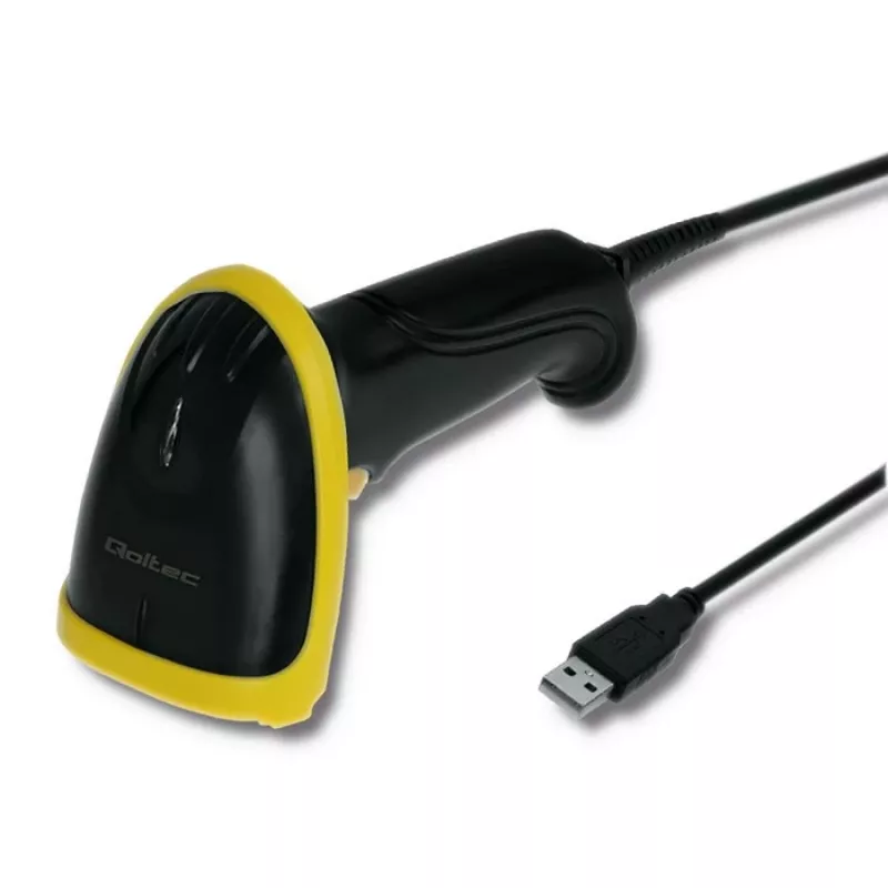 Ręczny czytnik kodów kreskowych QOLTEC 50867 — laserowy skaner 1D/2D, przewodowy USB, zasięg 600 mm, żółto-czarny