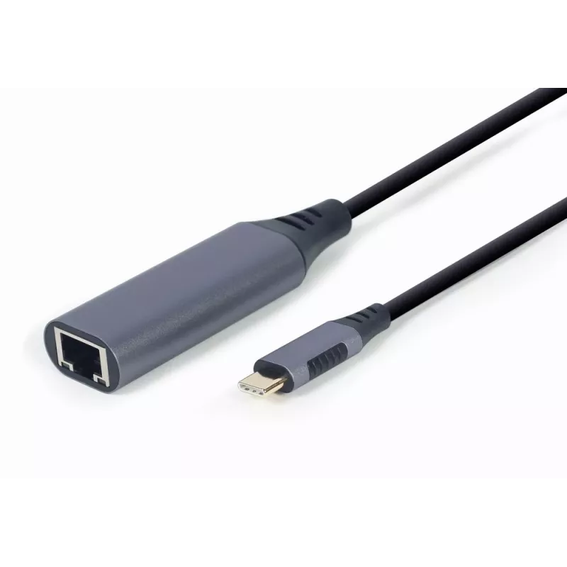 Karta sieciowa Gembird A-USB3C-LAN-01 Type-C USB 3.2 Gen 1, Gigabit RJ-45, kabel 0,15 m, metalowa obudowa, szary/czarny