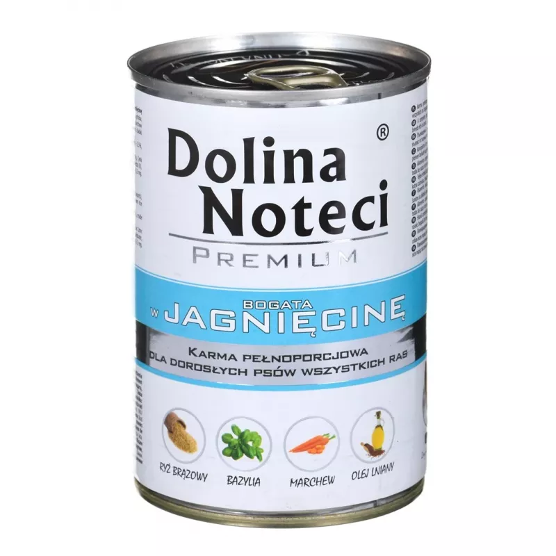 Mokra karma dla psa dolina noteci Premium Rich in lamb 400 g — kompletna karma w puszce dla dorosłych psów, 75% wilgotności, 12% białka