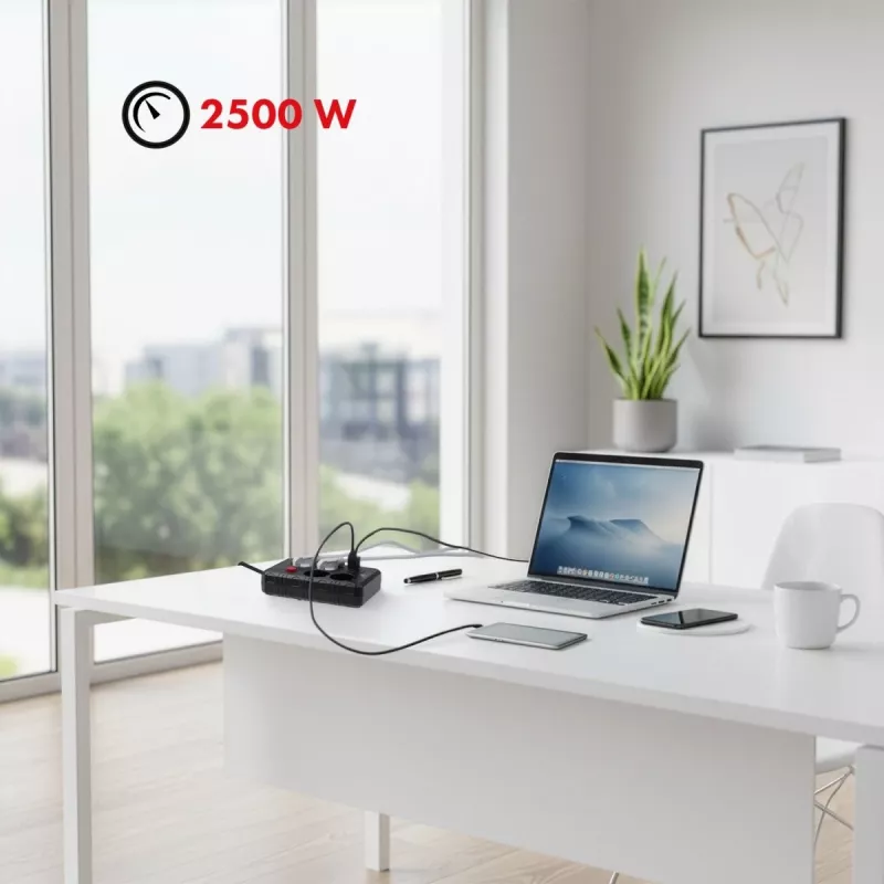 Listwa zasilająca MACLEAN MCE393 B — 4 gniazda, 3×USB, 110–240 V, 2500 W, kabel 3 m, czarna