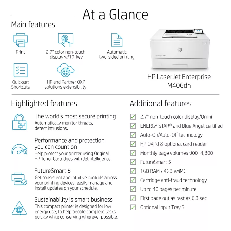 HP LaserJet Enterprise M406dn, Laser, 1200 x 1200 DPI, A4, 38 ppm, drukowanie dwustronne, gotowość sieciowa