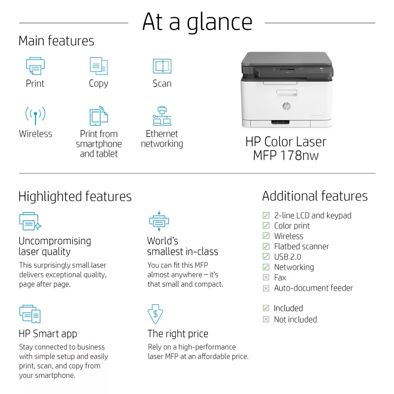 Wielofunkcyjna drukarka laserowa HP Color Laser MFP 178nw — Druk kolorowy, A4, 18 str./min (czarno-biały), Wi‑Fi, Ethernet, skanowanie dupleksowe