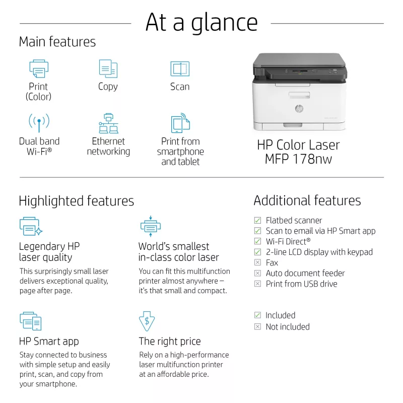 Wielofunkcyjna drukarka laserowa HP Color Laser MFP 178nw — Druk kolorowy, A4, 18 str./min (czarno-biały), Wi‑Fi, Ethernet, skanowanie dupleksowe