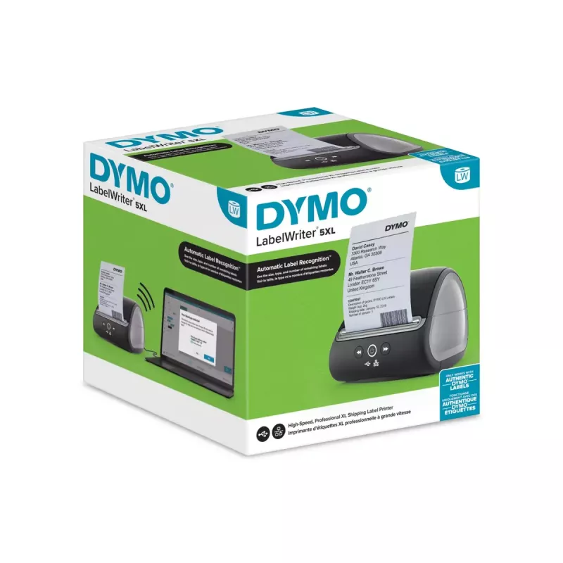 DYMO LabelWriter 5XL Drukarka etykiet | Automatyczne rozpoznawanie etykiet | Drukuje etykiety wysyłkowe o szerokim formacie od Amazon DHL i innych | Idealna dla sprzedawców e-commerce | Wtyczka EU 2-pinowa