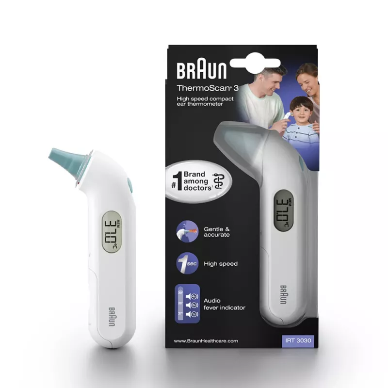 Kontaktowy termometr douszny BRAUN ThermoScan 3 IRT3030 — pomiar 34–42,2°C, 1 s, LCD, brzęczyk, biały