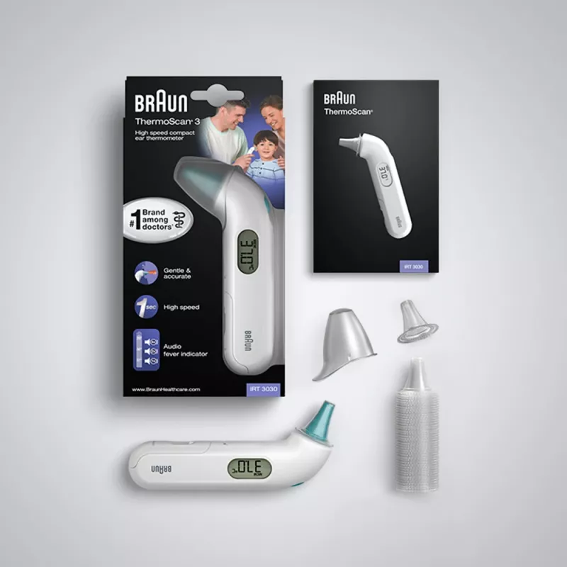 Kontaktowy termometr douszny BRAUN ThermoScan 3 IRT3030 — pomiar 34–42,2°C, 1 s, LCD, brzęczyk, biały