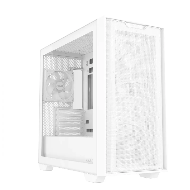 Obudowa PC ASUS A21 PLUS Micro ATX biała — obsługuje Micro ATX/Mini-ITX, 3x120mm przednie wentylatory, 1x120mm tylny, chłodnica 360mm z przodu, GPU do 380 mm