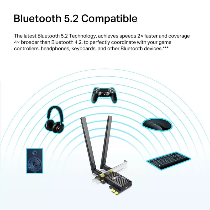 TP-Link AX1800 Wi-Fi 6 Bluetooth 5.2 PCIe Adapter, wewnętrzna, bezprzewodowa, PCI Express, WLAN / Bluetooth, 1800 Mbit/s, czarny