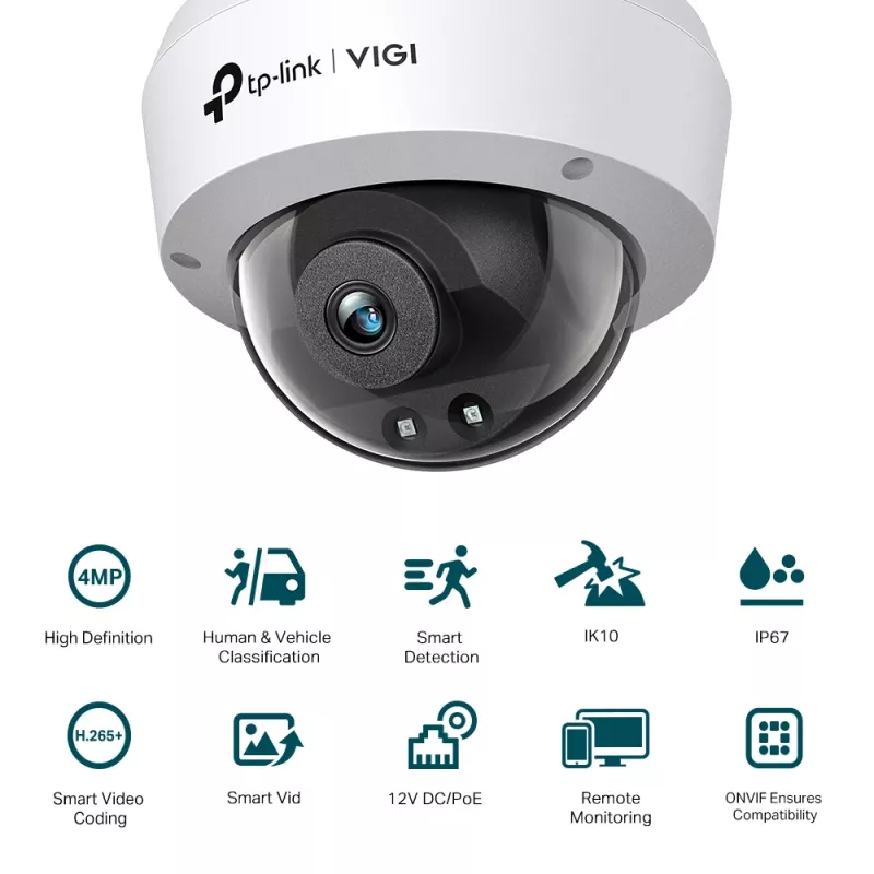 TP-Link VIGI 4MP IR Kopułkowa Kamera Sieciowa, Kamera IP, Wewnętrzna i zewnętrzna, Przewodowa, CE, BSMI, VCCI, ONVIF, Sufit/ściana, Czarny, Biały