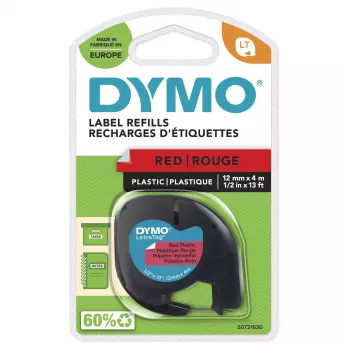 Etykiety plastikowe DYMO LetraTag | Rolka 12 mm x 4 m | Czarny nadruk na czerwonych etykietach | Uniwersalne etykiety samoprzylepne do drukarek etykiet LetraTag