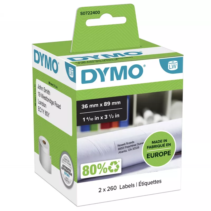 Autentyczne etykiety DYMO LabelWriter Large Address | 36 mm x 89 mm | Samoprzylepne | 2 rolki po 260 (520 etykiet z łatwym odklejaniem) | do drukarek etykiet LabelWriter | Wyprodukowano w Europie