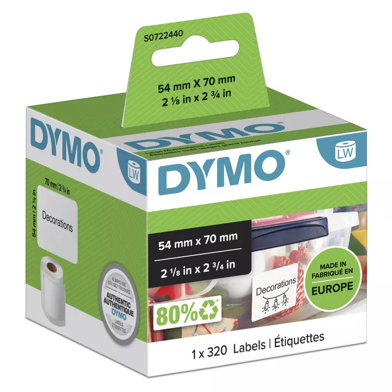 Etykiety wielofunkcyjne DYMO Authentic LabelWriter | 54 mm x 70 mm | Samoprzylepne | Rolka 320 etykiet łatwo odklejalnych | do drukarek etykiet LabelWriter | Wyprodukowano w Europie