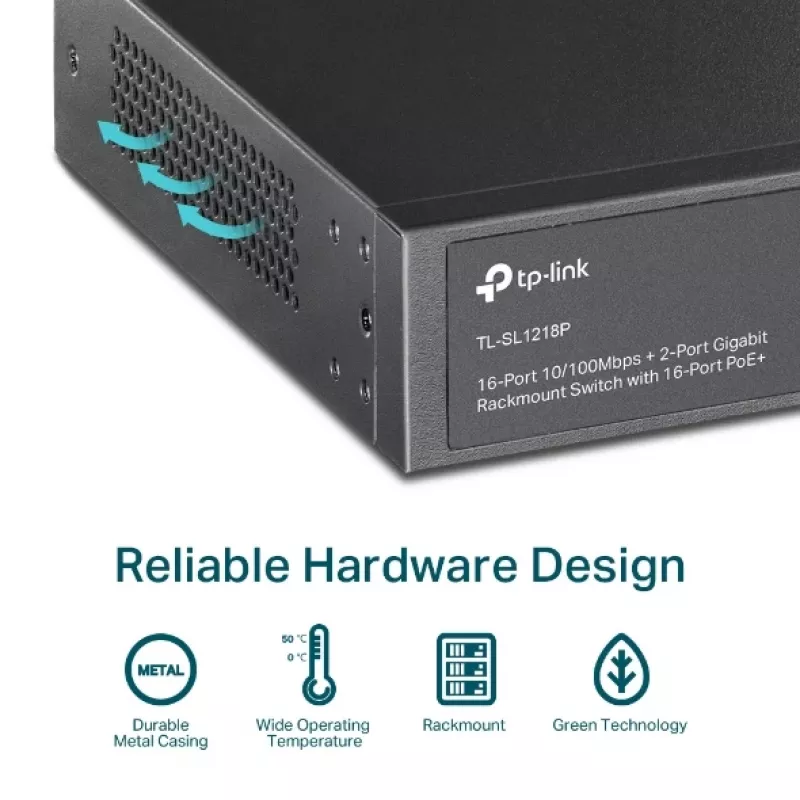 Przełącznik TP-Link 16-portowy 10/100 Mbps + 2-portowy Gigabit Rackmount PoE z 16 portami PoE+