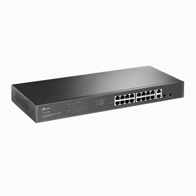 Przełącznik rackowy TP-Link 18-portowy Gigabit z 16 PoE+, niezarządzalny, Gigabit Ethernet (10/100/1000), Full duplex, Power over Ethernet (PoE), montaż w szafie, 1U