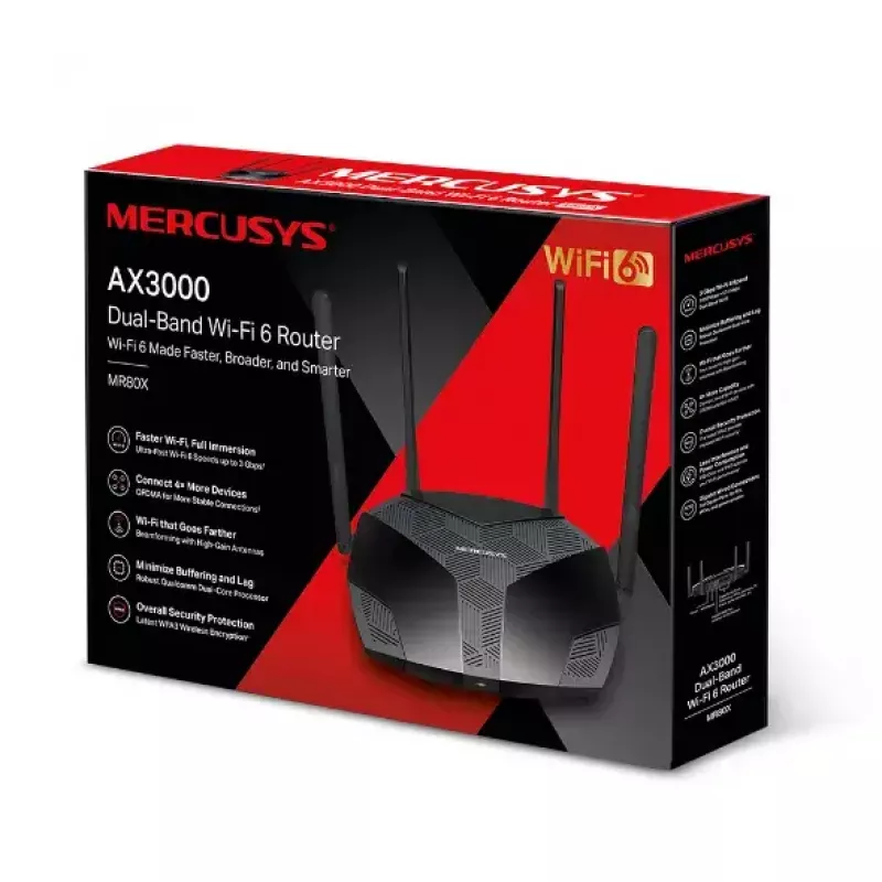 Router biurkowy MERCUSYS MR80X — Dwuzakresowe Wi‑Fi 6 (802.11ax), 3000 Mb/s, 4 anteny zewnętrzne, 3 porty Gigabit LAN