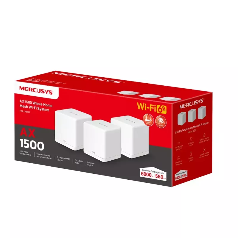 System Mesh MERCUSYS Halo H60X (3 szt.) — Dwuzakresowe Wi‑Fi 6, do 1500 Mb/s, zasięg 550 m², 2× porty LAN
