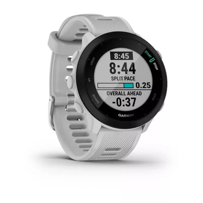 Smartwatch GARMIN Forerunner 55 — 42 mm okrągły zegarek sportowy, GPS/GLONASS/Galileo, bateria 14 dni, 5 ATM, biały silikonowy pasek