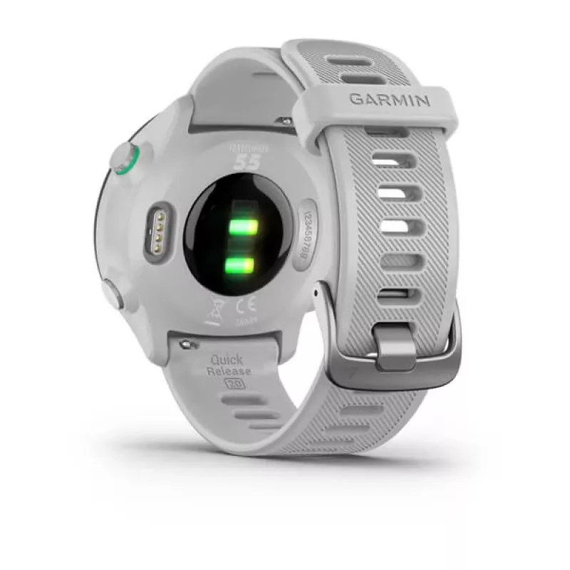 Smartwatch GARMIN Forerunner 55 — 42 mm okrągły zegarek sportowy, GPS/GLONASS/Galileo, bateria 14 dni, 5 ATM, biały silikonowy pasek