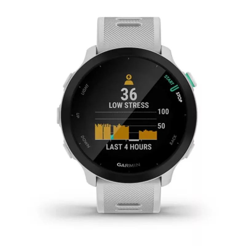 Smartwatch GARMIN Forerunner 55 — 42 mm okrągły zegarek sportowy, GPS/GLONASS/Galileo, bateria 14 dni, 5 ATM, biały silikonowy pasek