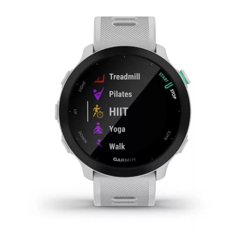 Smartwatch GARMIN Forerunner 55 — 42 mm okrągły zegarek sportowy, GPS/GLONASS/Galileo, bateria 14 dni, 5 ATM, biały silikonowy pasek