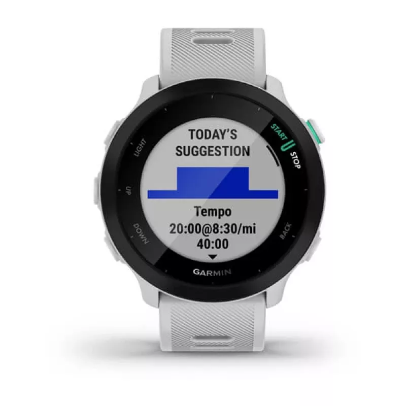 Smartwatch GARMIN Forerunner 55 — 42 mm okrągły zegarek sportowy, GPS/GLONASS/Galileo, bateria 14 dni, 5 ATM, biały silikonowy pasek