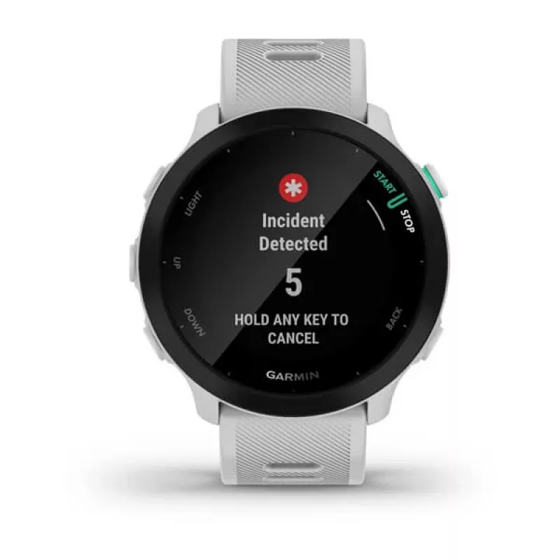 Smartwatch GARMIN Forerunner 55 — 42 mm okrągły zegarek sportowy, GPS/GLONASS/Galileo, bateria 14 dni, 5 ATM, biały silikonowy pasek