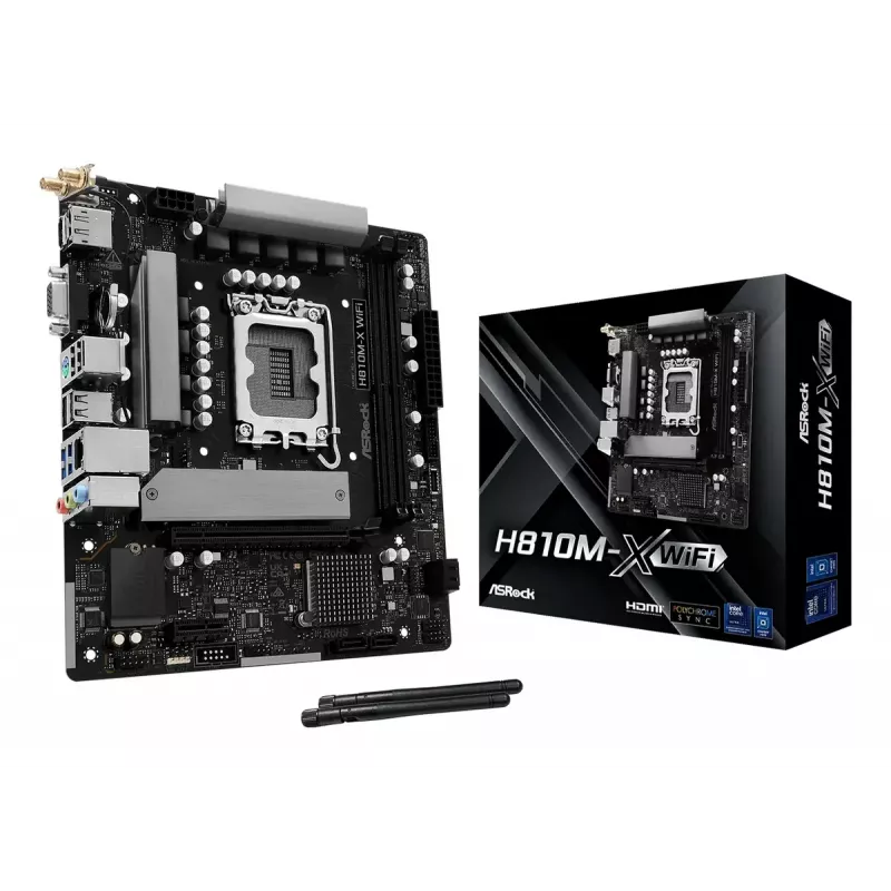 Płyta główna ASRock H810M-X WiFi — Intel H810, LGA 1851, microATX, DDR5, 2 DIMM, 128 GB, Wi‑Fi 5, 2,5 Gb LAN, M.2, SATA III