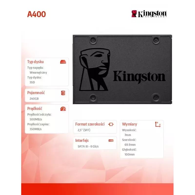 Kingston 240GB A400 SATA 3 2.5 cala wewnętrzny dysk SSD SA400S37/240G