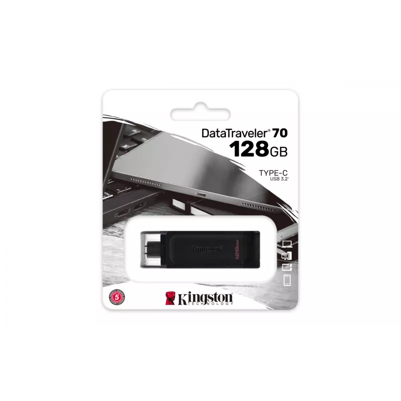 Kingston Technology DataTraveler 128GB USB-C 3.2 Gen 1 70, 128 GB, USB Type-C, 3.2 Gen 1 (3.1 Gen 1), Nakładka, 7 g, Czarny