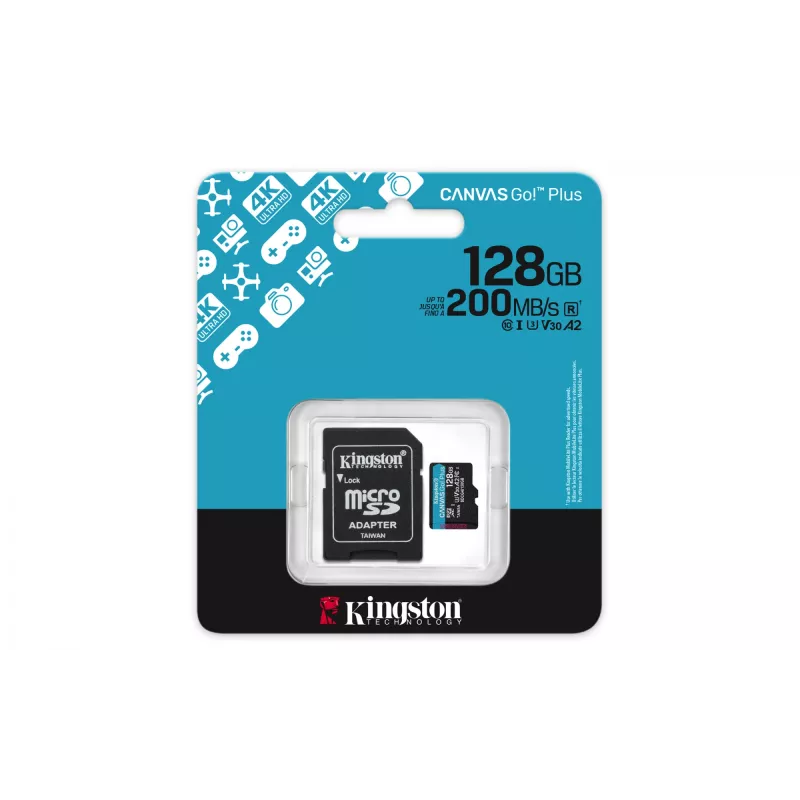 Kingston Technology 128 GB microSDXC Canvas Go Plus Gen4 200 MB/s A2 U3 V30 – karta + adapter
