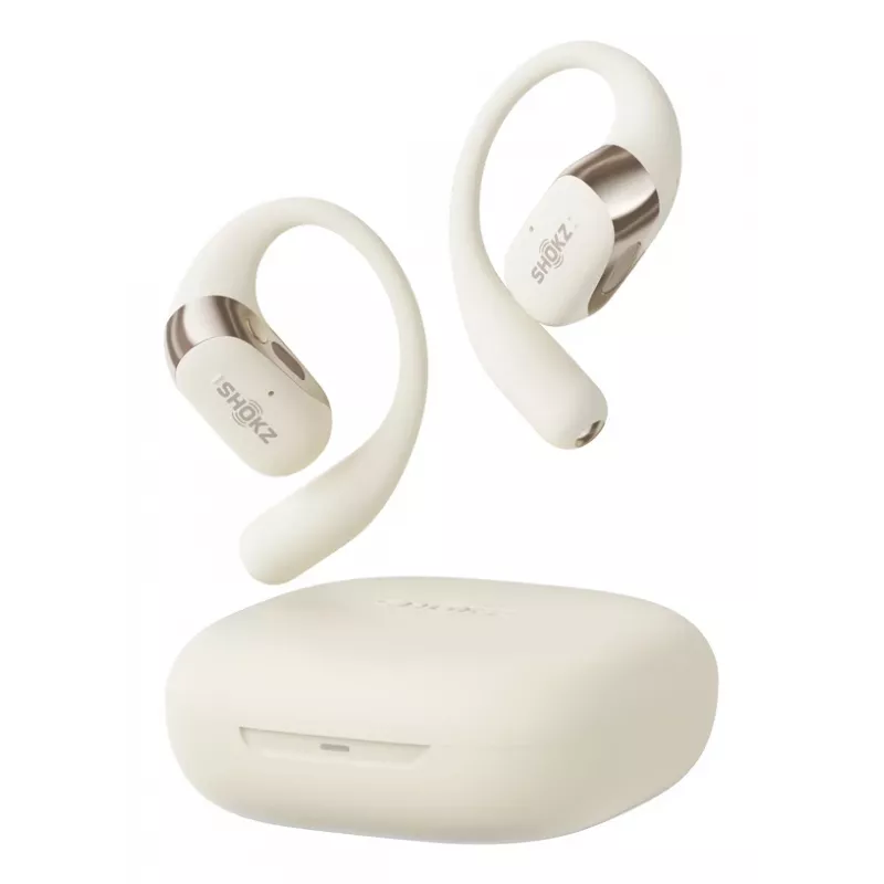 Otwarte bezprzewodowe słuchawki Shokz OpenFit 2 — Bluetooth 5.4, IP55, przewodnictwo kostne, 11 godz. odtwarzania (48 godz. z etui), USB‑C, beżowe